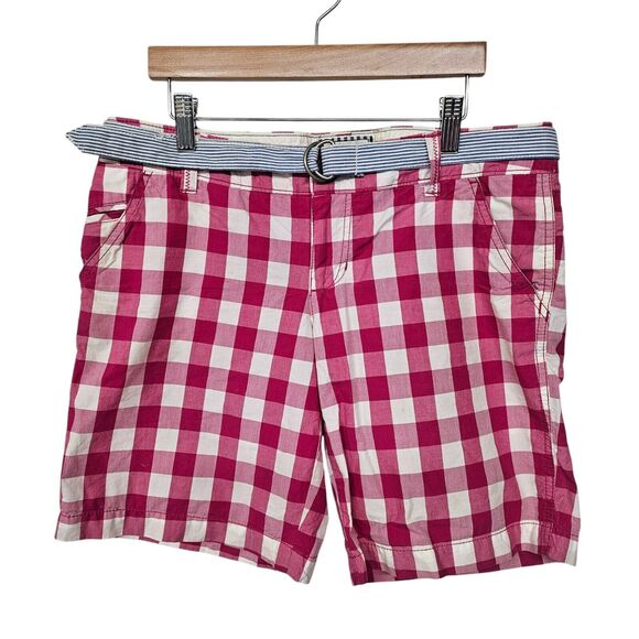 AMERICAN EAGLE Pink White Plaid Gingham Chino Shorts Size 6 Contrast Belt - Picture 1 of 10